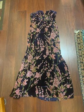 Lulu's Navy Velvet Maxi Dress with Pink Floral Embroidery size XL